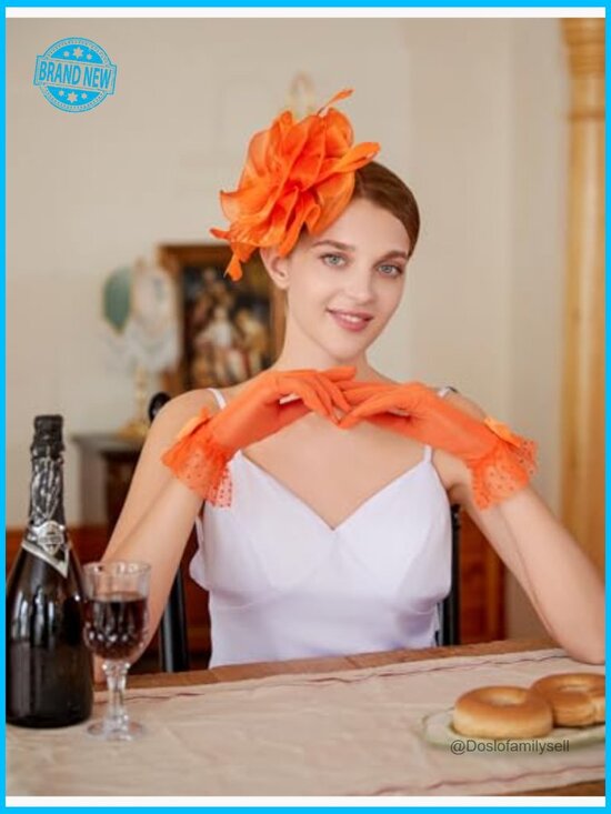 Fascinator Hat with Feathers Headband Clip Tea Party Headwear Lace Gloves Set main image 6